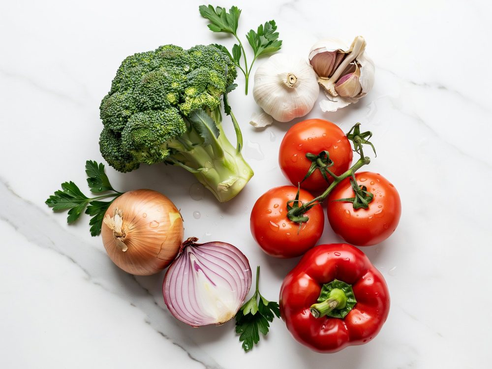 Brócoli, cebolla, ajo, tomate y pimiento rojo