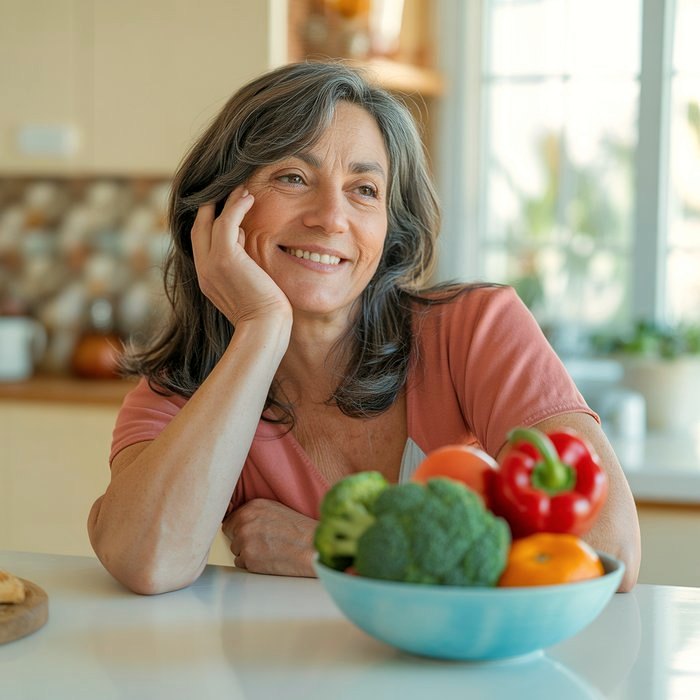 Mujer con un bol de vegetales frescos