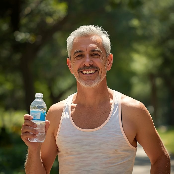 Hombre activo hidratándose tras una caminata