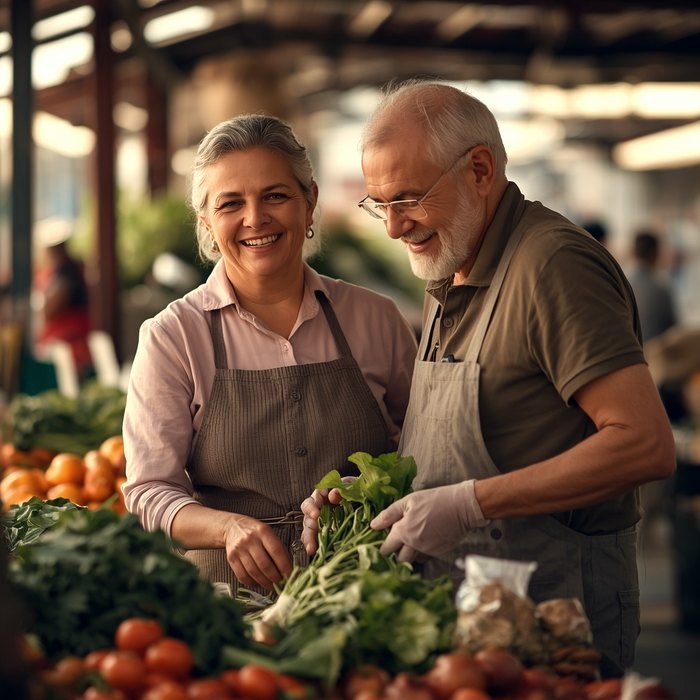 Pareja eligiendo vegetales frescos en el mercado